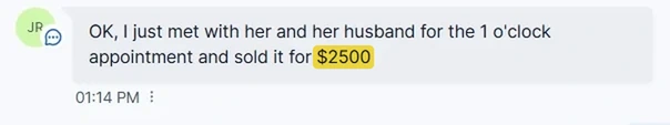 Client text: sold the 1 o'clock appointment for $2,500
